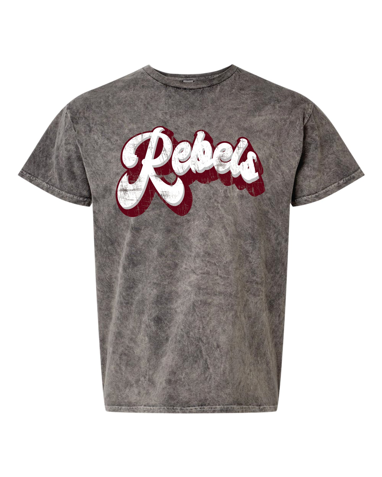 Acid wash grey t-shirt with "Rebels" graphic on it