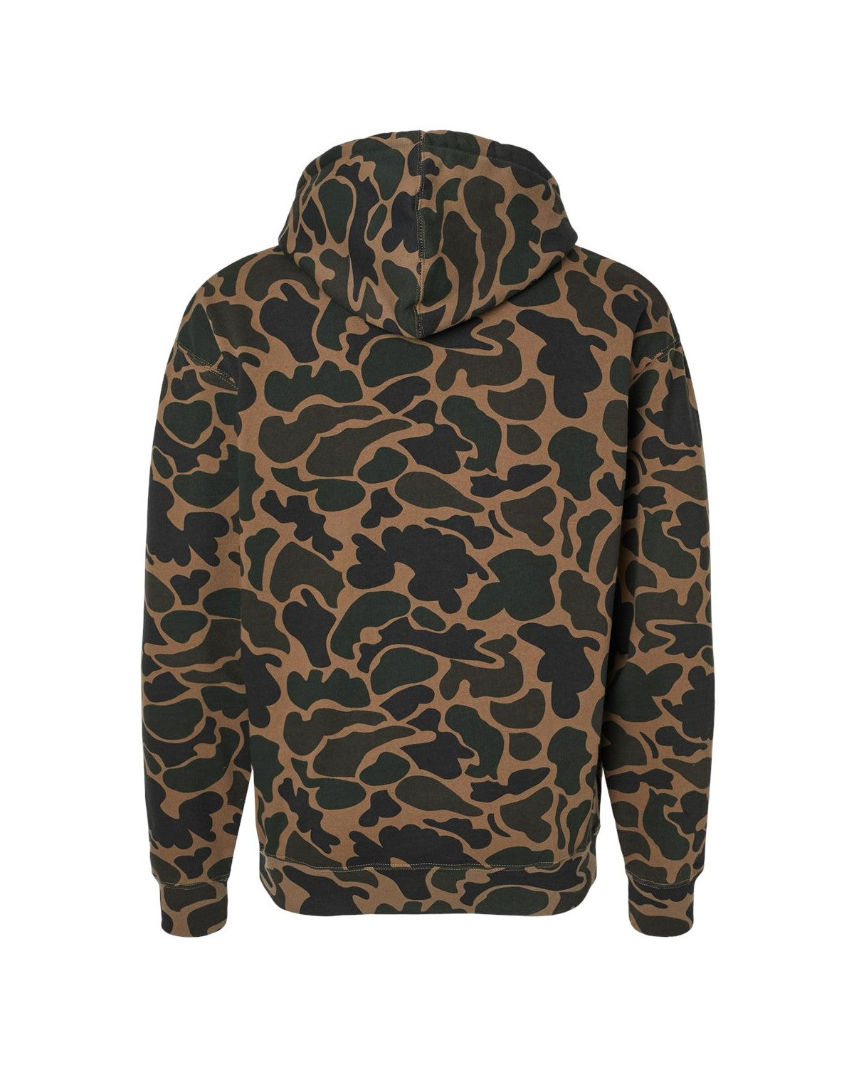 Back of camo hoodie jacket product shot