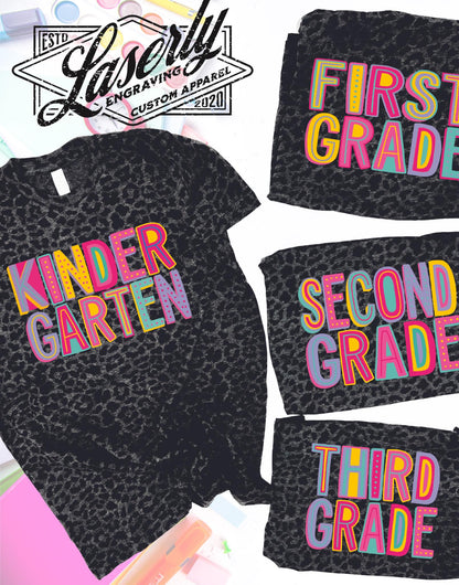 four tshirts with cheetah print and a grade level