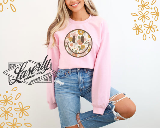 Floral Boho Smiley - Gildan Light Pink Sweatshirt