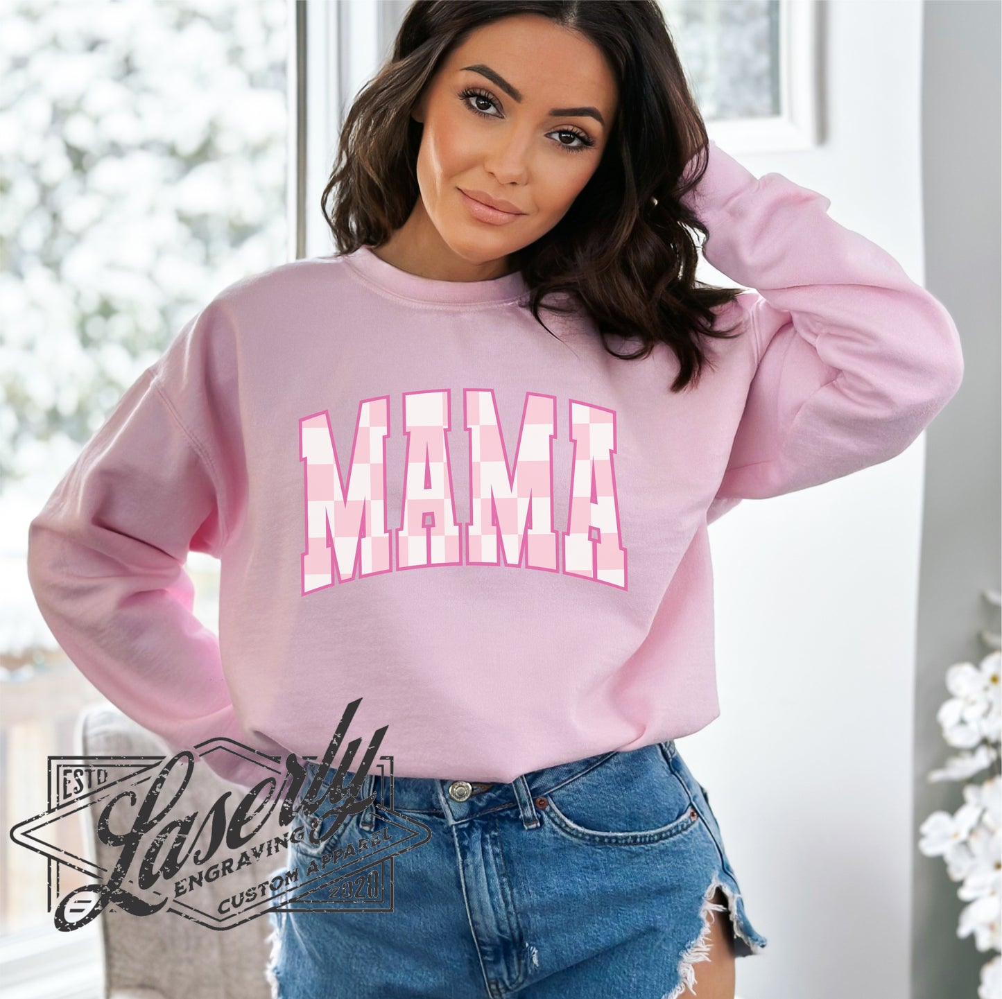 Trendy Check Pink Mama - Gildan Light Pink Sweatshirt