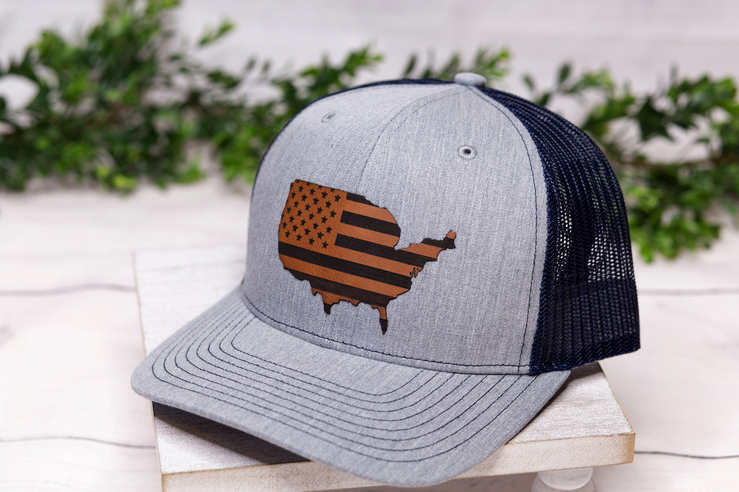 USA Flag, Brown Leather Patch hat, Police Officer Hat, Cap, Snap back, Leather Patch, America, USA, Flag, Military, Police, army, Marines,